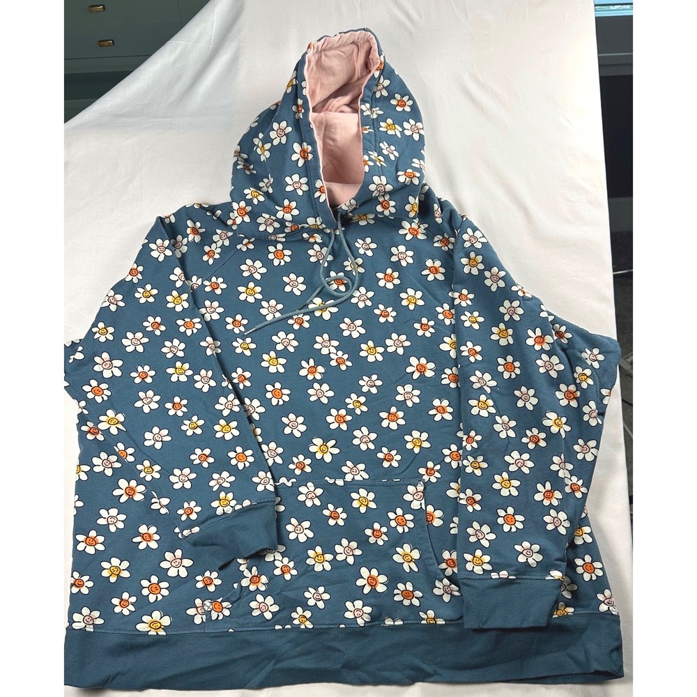 Vera Bradley Daisy Smiley Face Hoodie Teal Blue Pink Lined Pullover 3XL